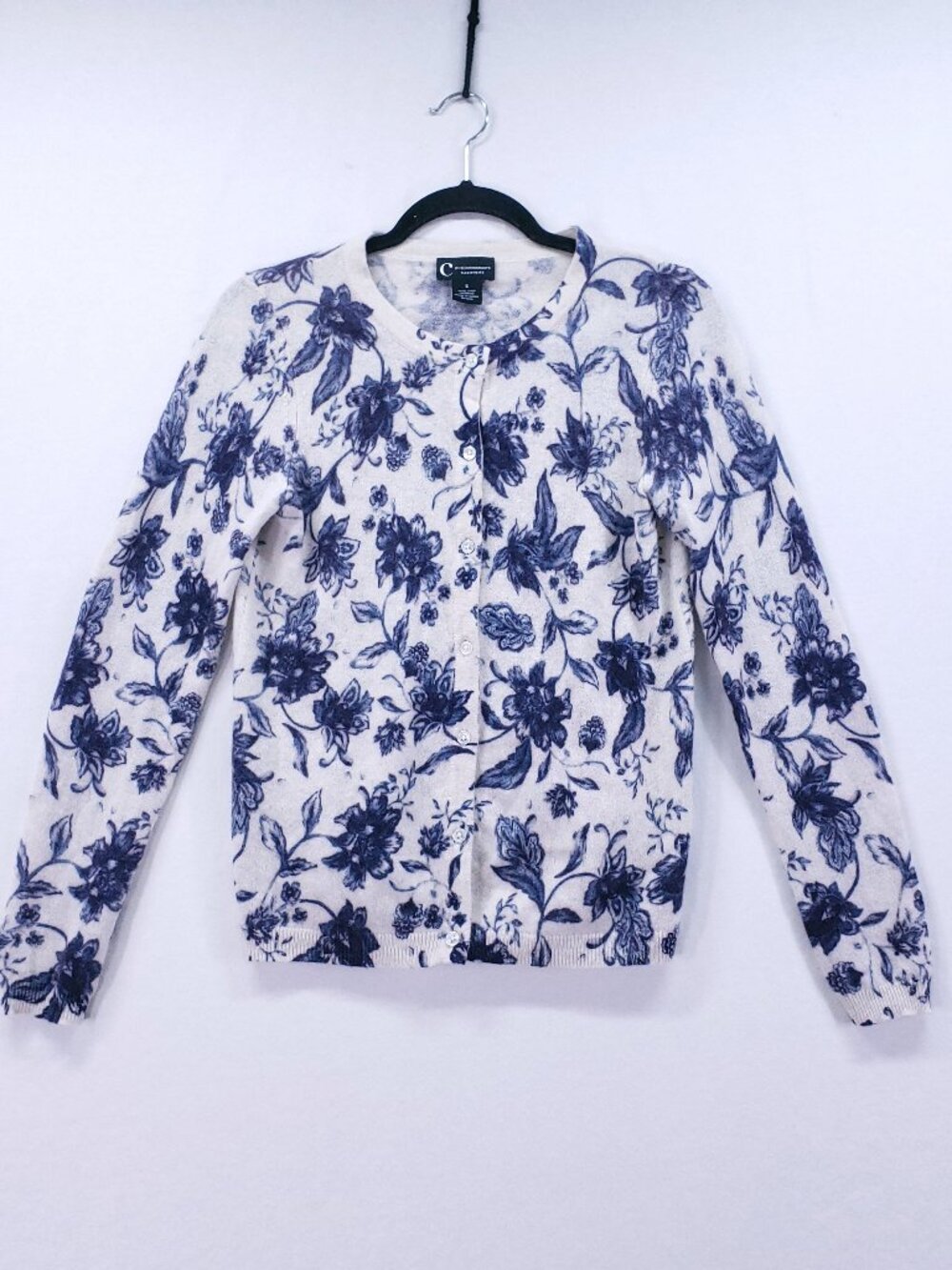 C by Bloomingdale's 100% Cashmere Sweater S Preppy Cream and Purple Floral Knit